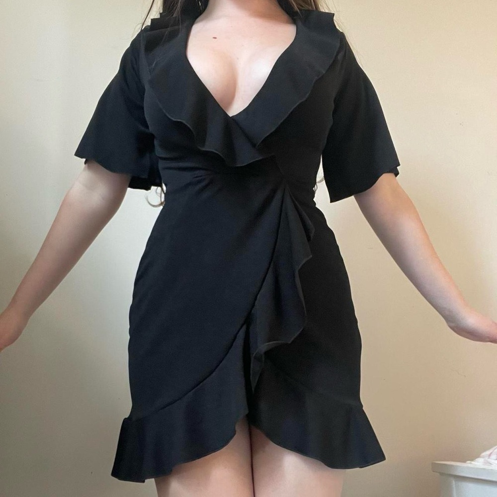 PLT black wrap ruffle dress